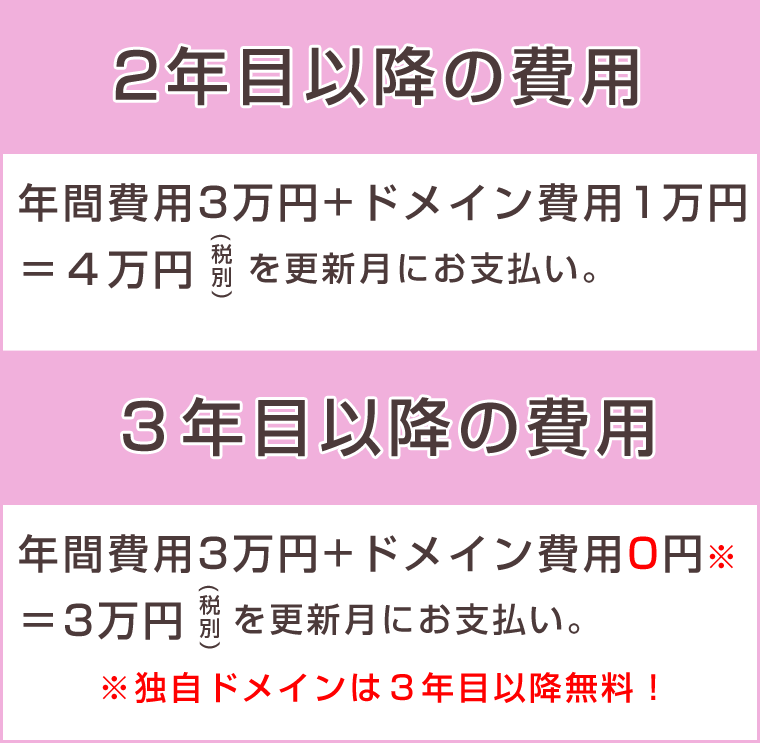 2年目以降の費用 年間費用3万円+ドメイン費用1万円=3万円税別を更新月にお支払い。3年目以降の費用 年間費用3万円+ドメイン費用0円=3万円税別を更新月にお支払い。