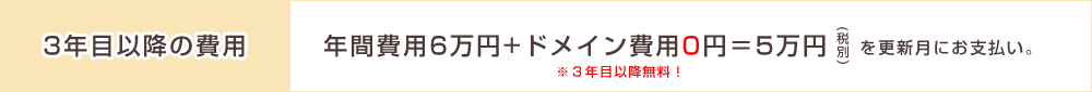 年間費用5万円+ドメイン費用0円=5万円税別を更新月にお支払い。